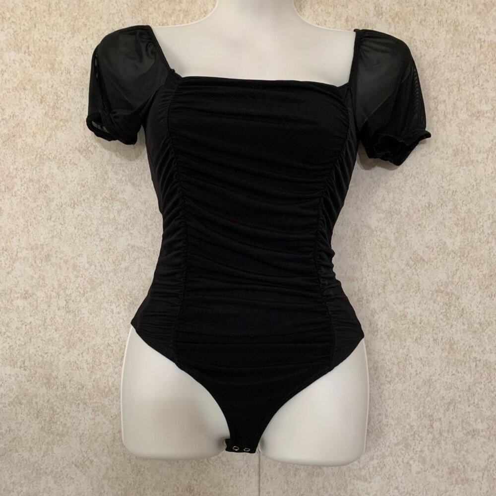 Rue 21 Black Bodysuit Ruched Sheer Short Sleeve
